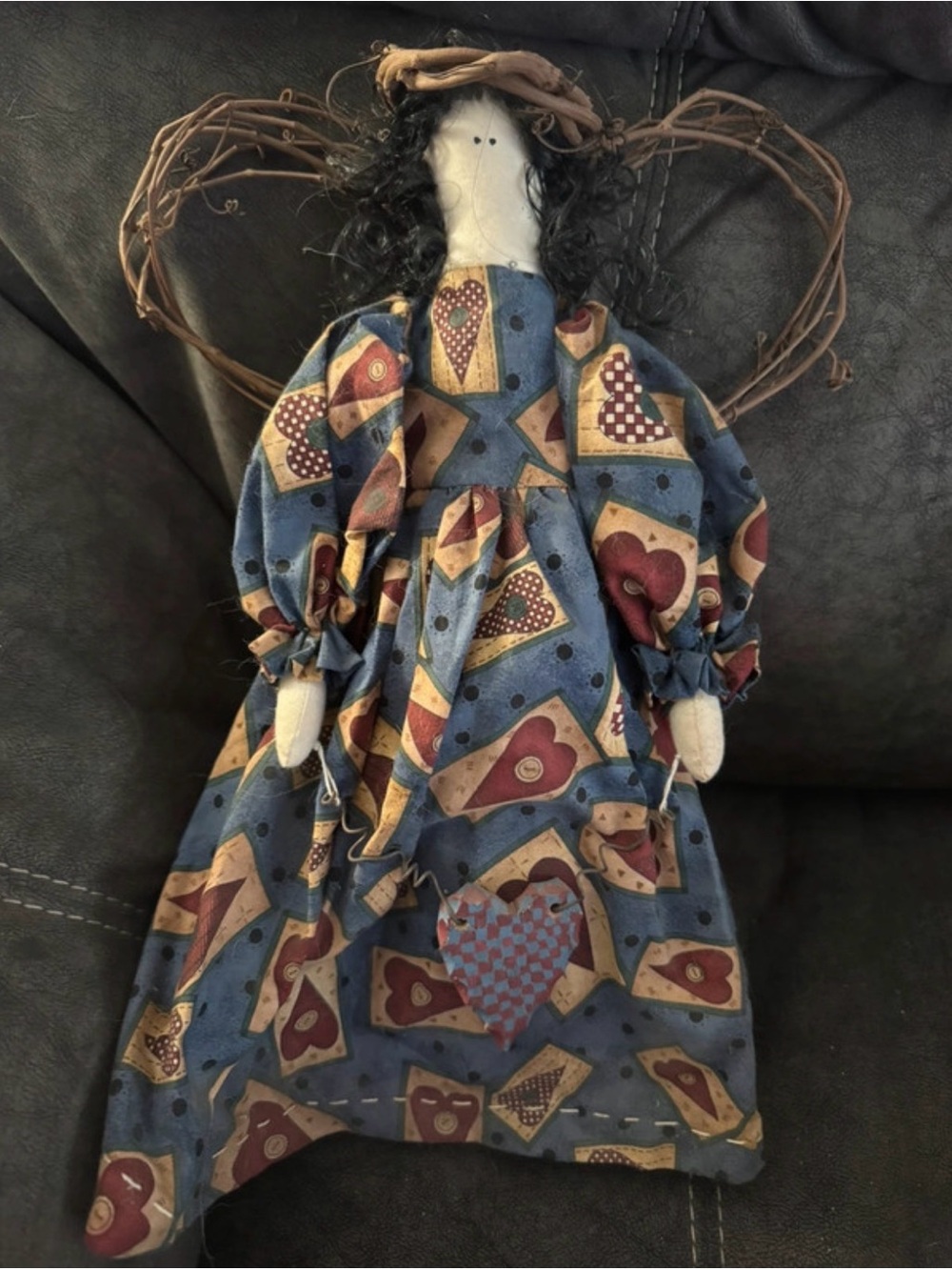 Primitive Blue & Red Heart Pattern angel